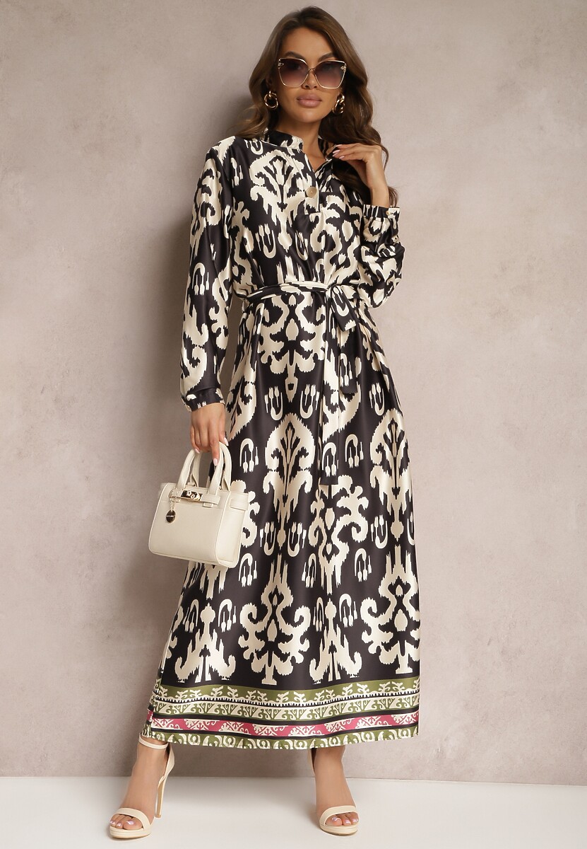 Czarno-Biała Pudełkowa Sukienka Satynowa z Paskiem w Talii w Ornamentalny Print Tarosa