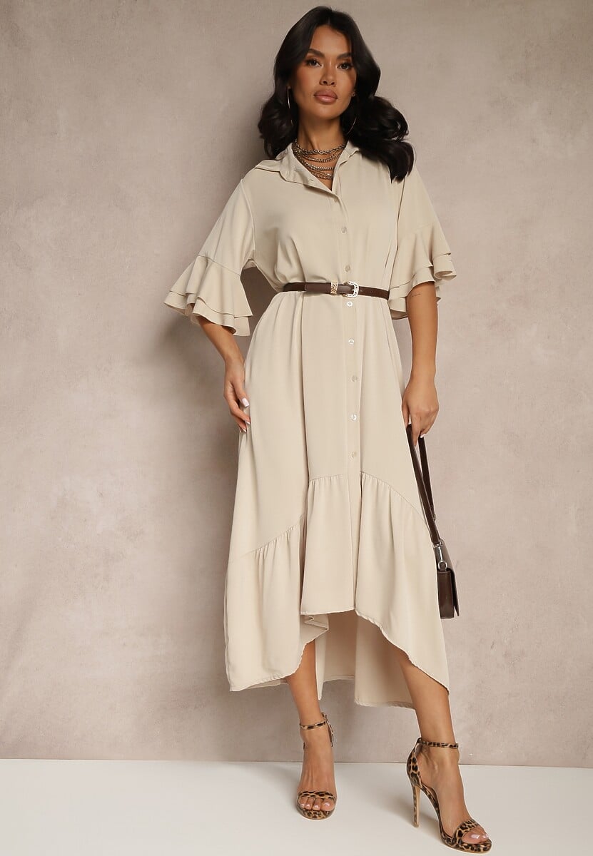 Beżowa Koszulowa Sukienka Ozdobiona Falbanką Ransara