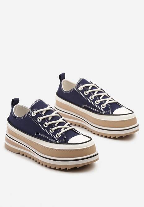 Granatowe Trampki na Ozdobnej Platformie ze Sznurowaniem Moonoria