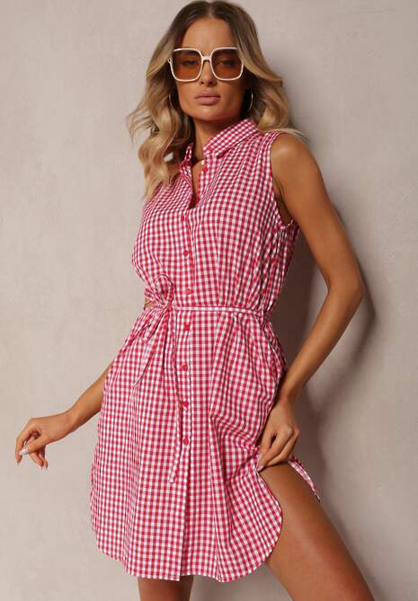 Czerwona Wiskozowa Sukienka o Koszulowym Kroju z Paskiem w Talii Rivaelles