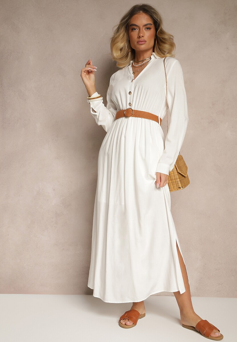 Biała Wiskozowa Sukienka o Rozkloszowanym Kroju z Paskiem i Rozcięciem Reirissa