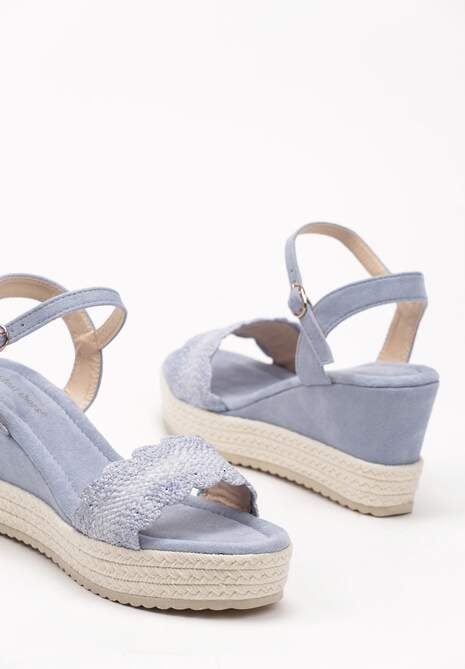 Niebieskie Sandały z Ekozamszu na Koturnie Zapinane na Sprzączkę z Ozdobną Plecionką Vlalena