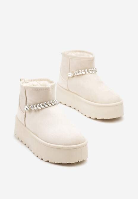 Beżowe Śniegowce na Grubej Podeszwie z Ekozamszu Ozdobione Cyrkoniowym Łańcuszkiem Ninnalith