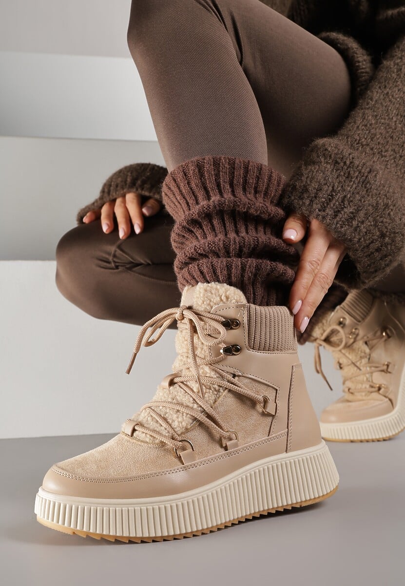 Ciemnobeżowe Śniegowce Trapery Vices na Płaskiej Podeszwie z Futerkiem w Stylu Baranka ze Sznurowaniem Temirits