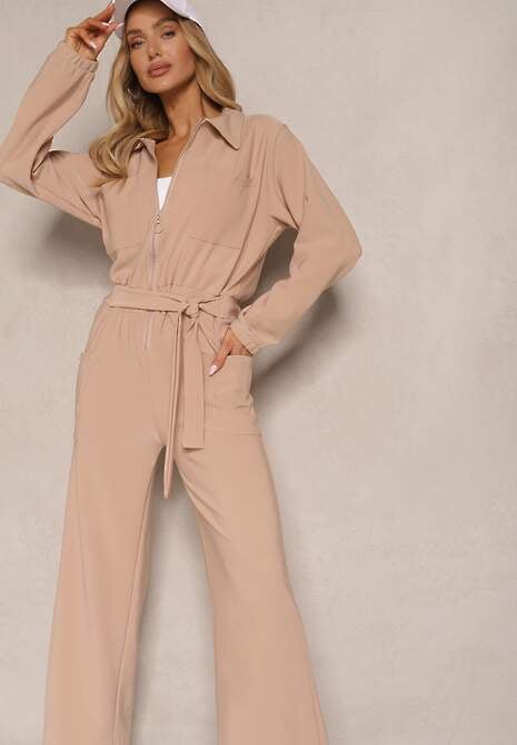 Ciemnobeżowy Kombinezon z Elastyczną Gumką w Pasie z Dodatkowym Wiązaniem o Luźnym Kroju Creera