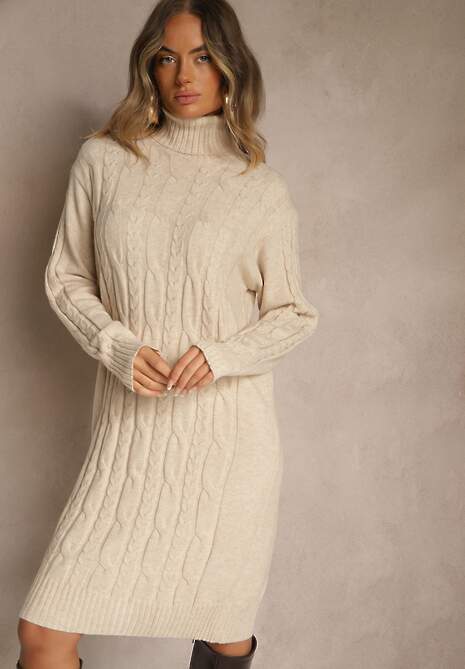 Jasnobeżowa Prążkowana Sukienka z Golfem z Dzianiny z Wełną Essandra