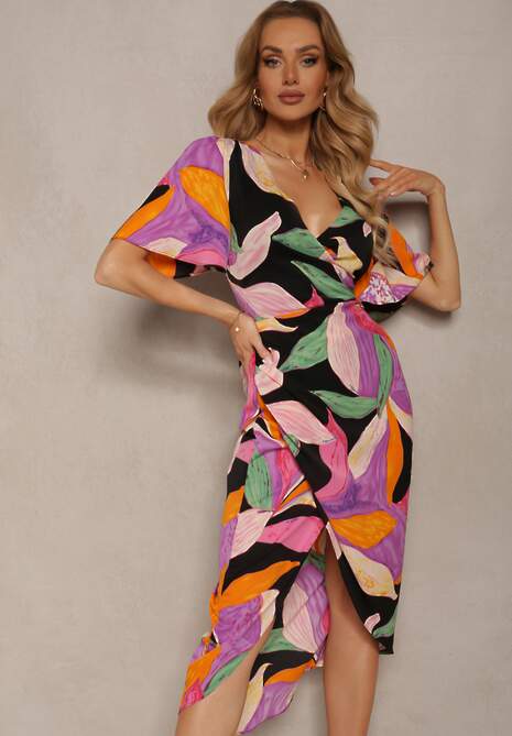 Czarna Kopertowa Sukienka z Krótkim Rękawem Efiole