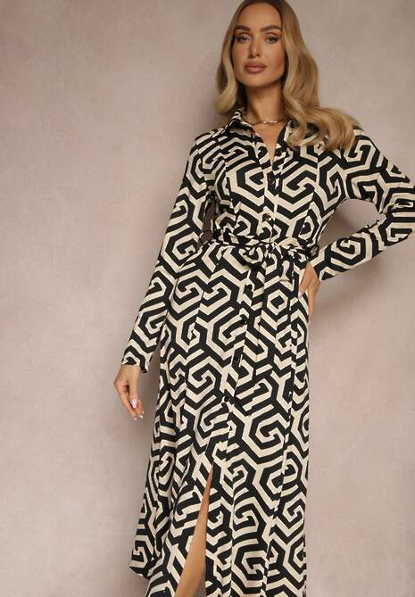 Czarna Sukienka Koszulowa z Wiskozą w Geometryczny Wzór z Paskiem Erisviria