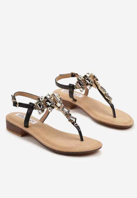 Czarne Biżuteryjne Sandały Typu Japonki z Cyrkoniową Aplikacją Sopelene