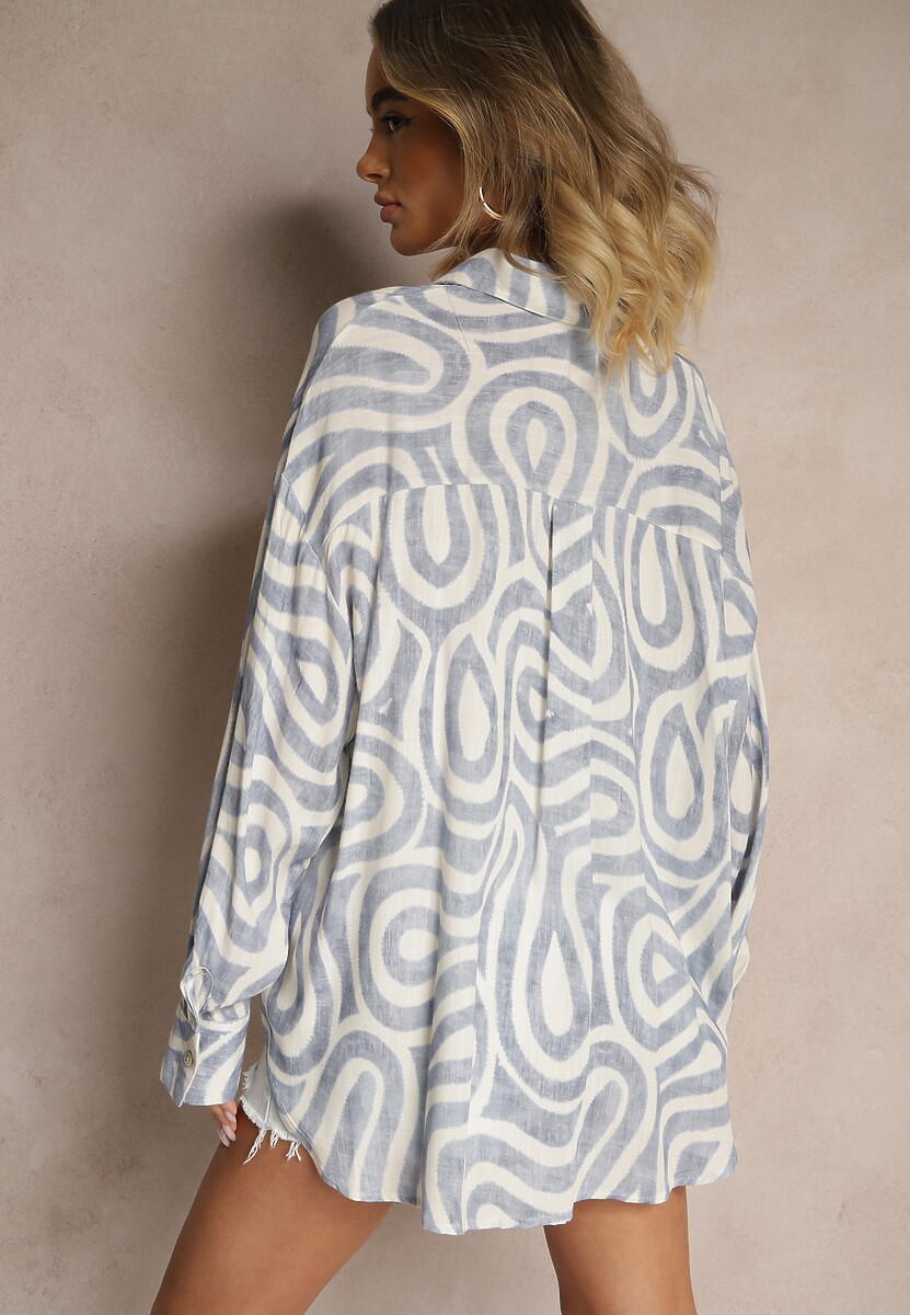 Niebiesko-Biała Wiskozowa Koszula o Klasycznym Kroju Zdobiona Abstrakcyjnym Printem Rediraela