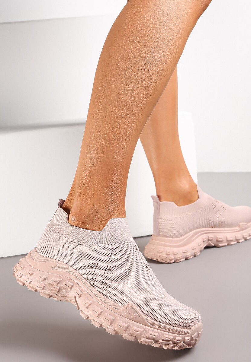 Beżowe Buty Sportowe na Grubej Podeszwie z Elastyczną Cholewką z Cyrkoniami Kolby