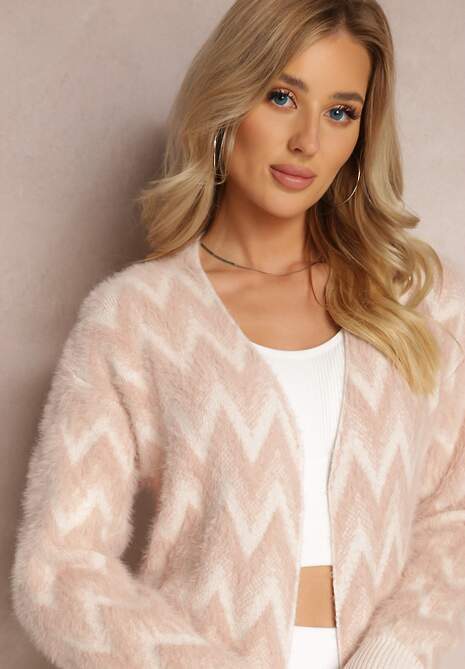 Różowy Niezapinany Kardigan o Przedłużonym Fasonie w Zygzaki Chevron Oherna