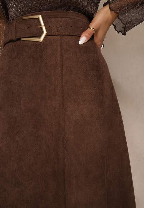 Brązowa Spódnica z Wiskozy z Bawełną z Imitacji Zamszu z Paskiem Oliweda