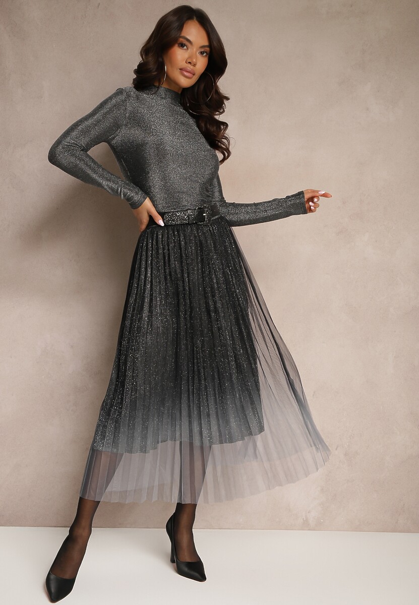 Czarna Spódnica z Siateczki Ozdobionej Brokatem z Gumką w Talii Henizia