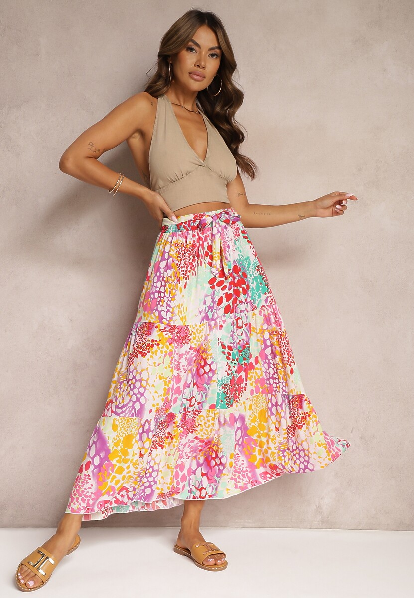 Granatowa Spódnica z Wiskozy z Gumką w Pasie Ozdobiona Abstrakcyjnym Printem Bimella