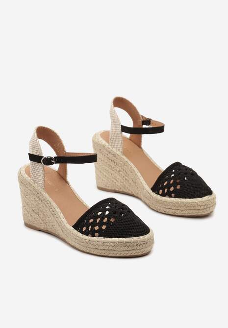 Czarne Sandały z Imitacji Skóry na Plecionym Koturnie Zapinane Wokół Kostki Obidia