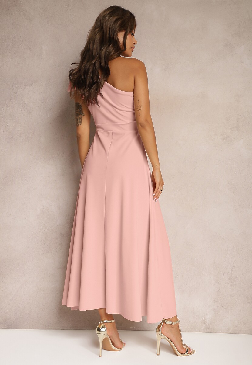 Różowa Sukienka Koktajlowa o Asymetrycznym Kroju na Jedno Ramię Ozdobiona Kokardą Vimorissa