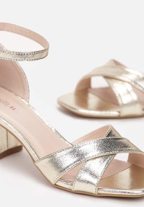 Złote Sandały na Niskim Słupku z Paskami Caylor