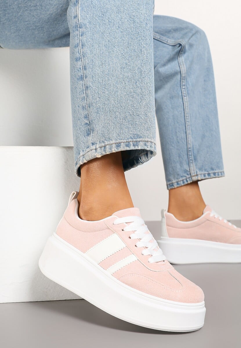 Ciemnobeżowe Sneakersy Klasyczne Tenisówki na Grubej Podeszwie z Koturnem i Paskami Ozdobionymi Printem  w Łaty Adessia