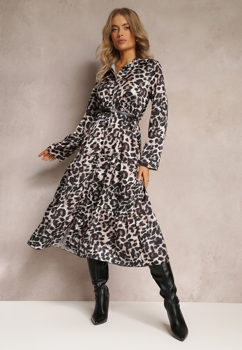 Beżowo-Brązowa Sukienka w Panterkę z Paskiem Antibrote