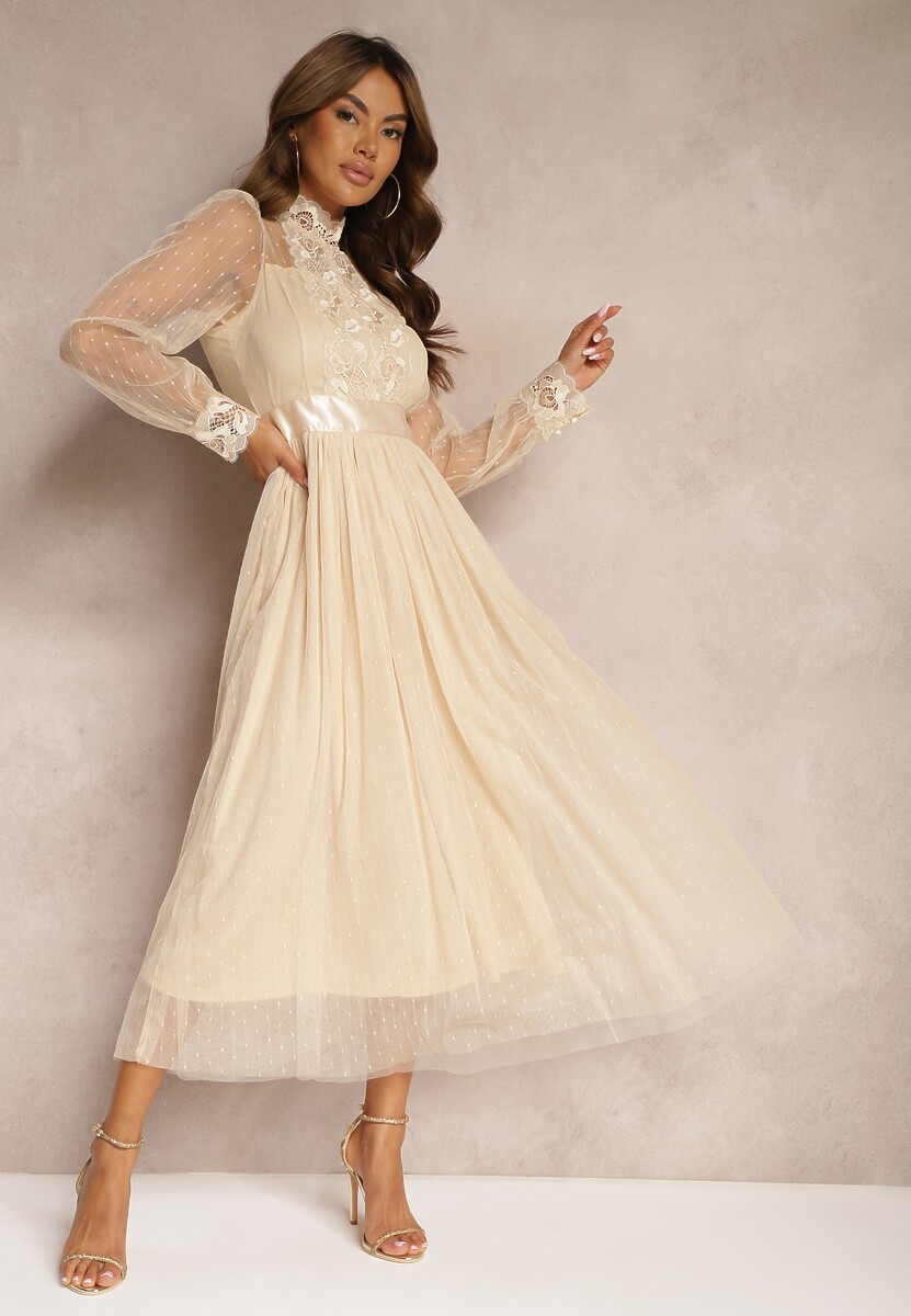 Beżowa Siateczkowa Sukienka Maxi o Rozkloszowanym Kroju z Ozdobną Koronką Narile