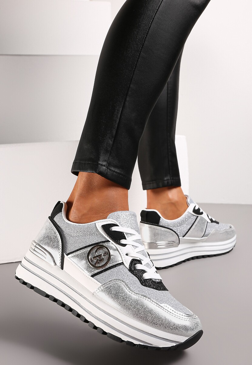 Srebrne Brokatowe Sneakersy na Grubej Podeszwie Lelina