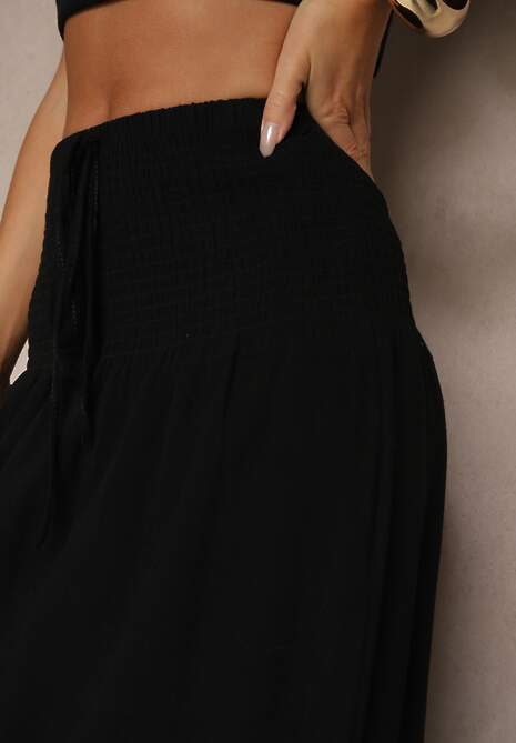 Czarna Spódnica z Wiskozą i Lnem High Waist o Rozkloszowanym Kroju Lumerellea