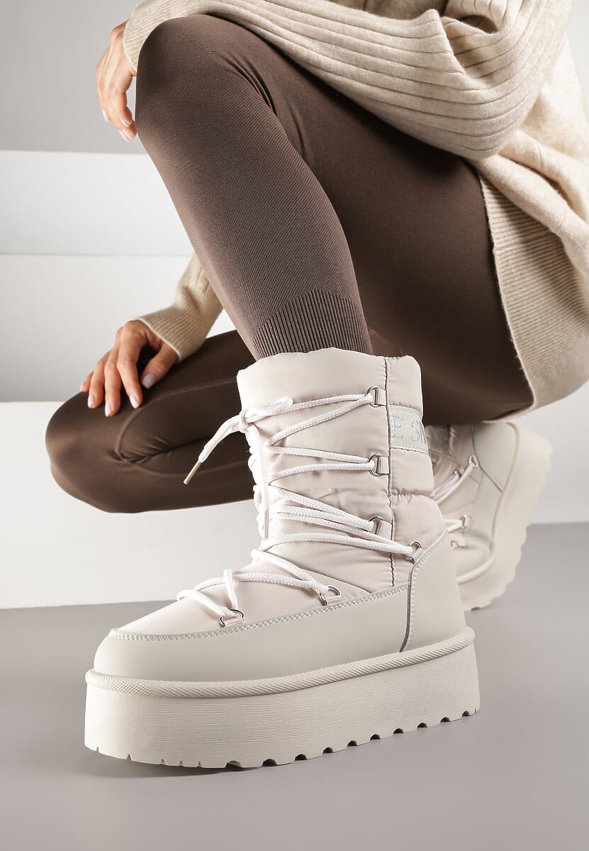 Beżowe Śniegowce na Platformie z Ozdobnym Wiązaniem Zingie