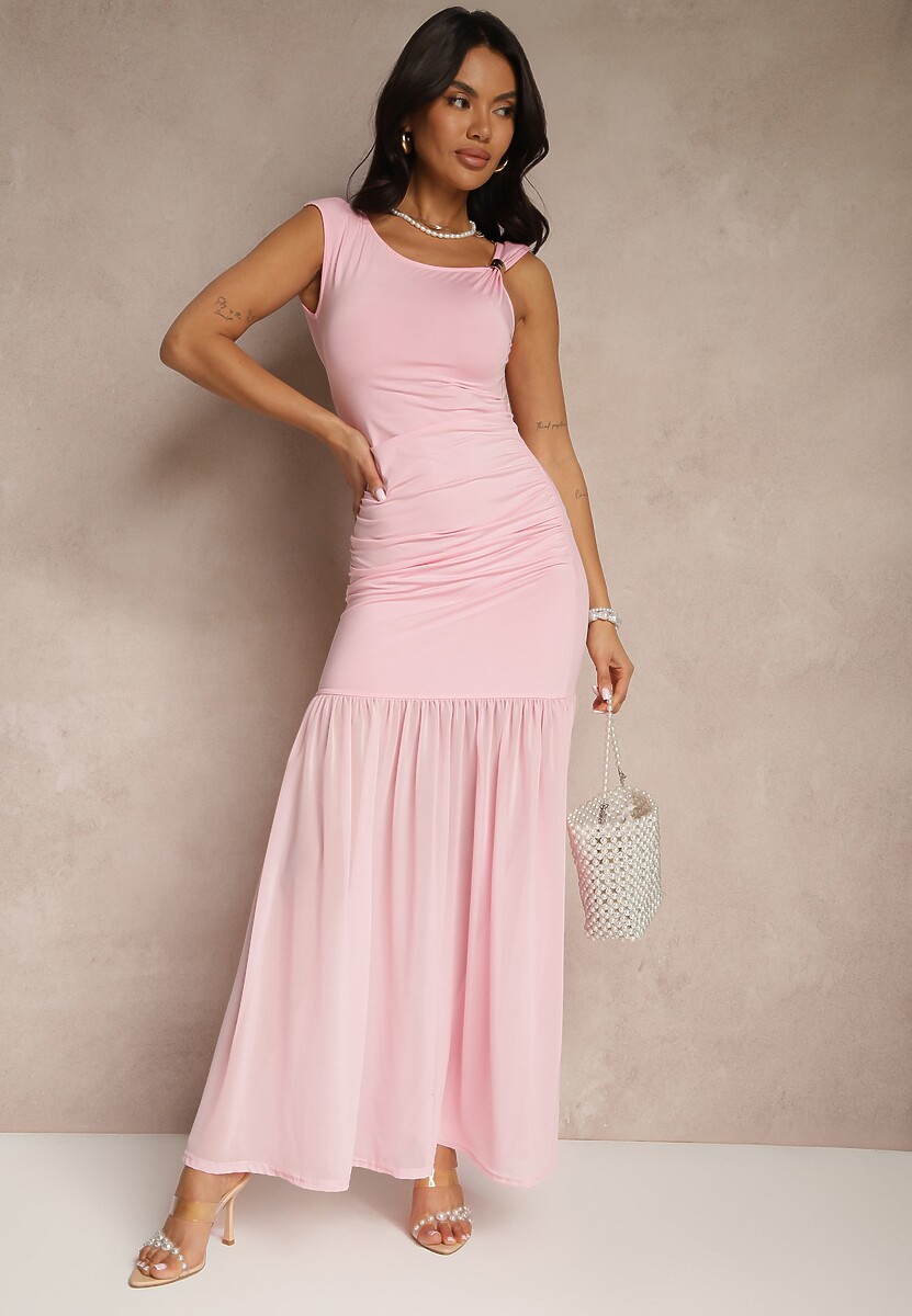 Różowa Sukienka Koktajlowa z Wiskozą i Marszczeniem Galoriella