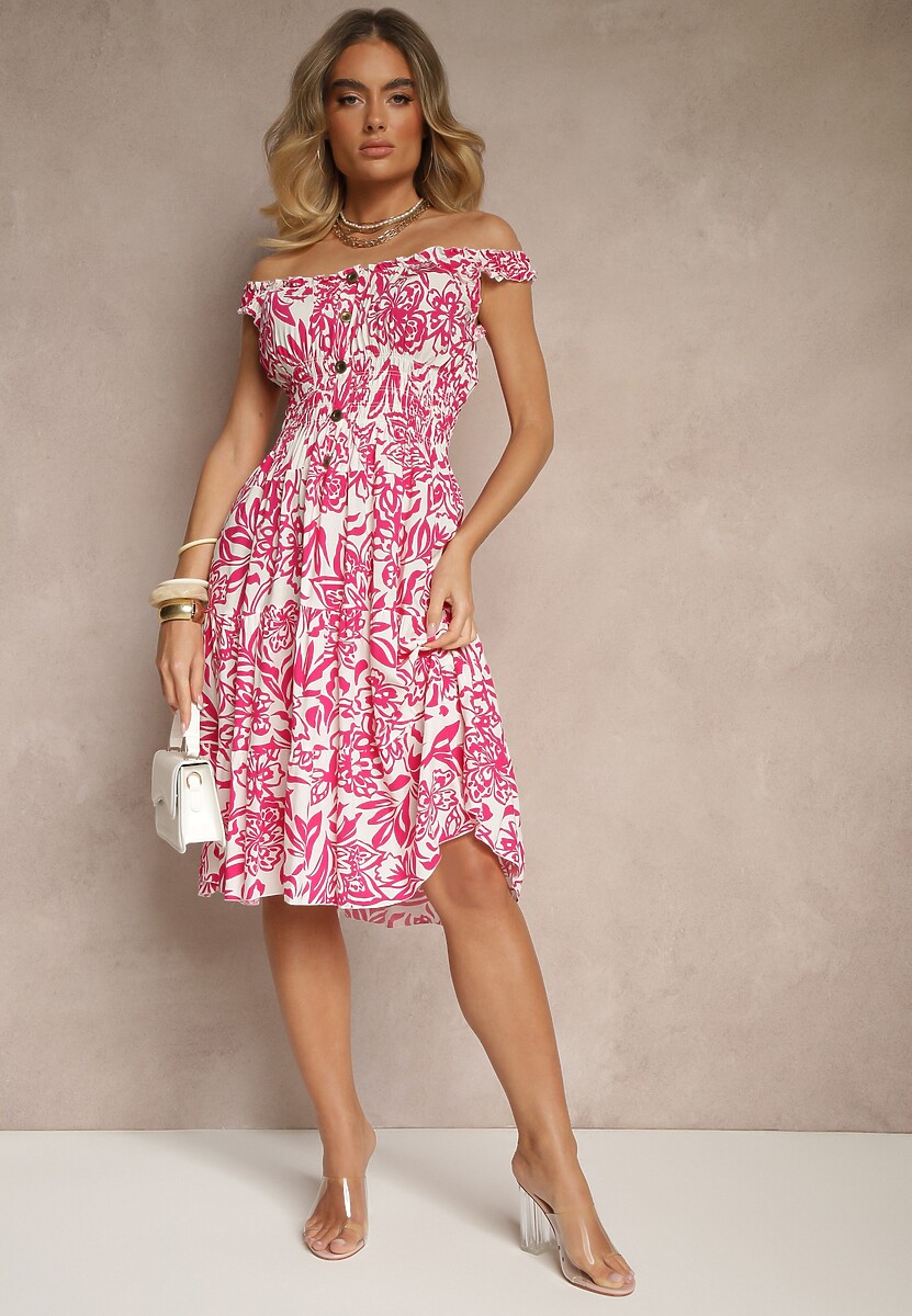 Ciemnoróżowa Rozkloszowana Sukienka z Bawełny z Guzikami Lisanissea