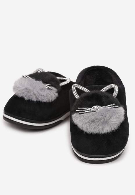Czarne Kapcie Futrzane z Kotkiem Leze
