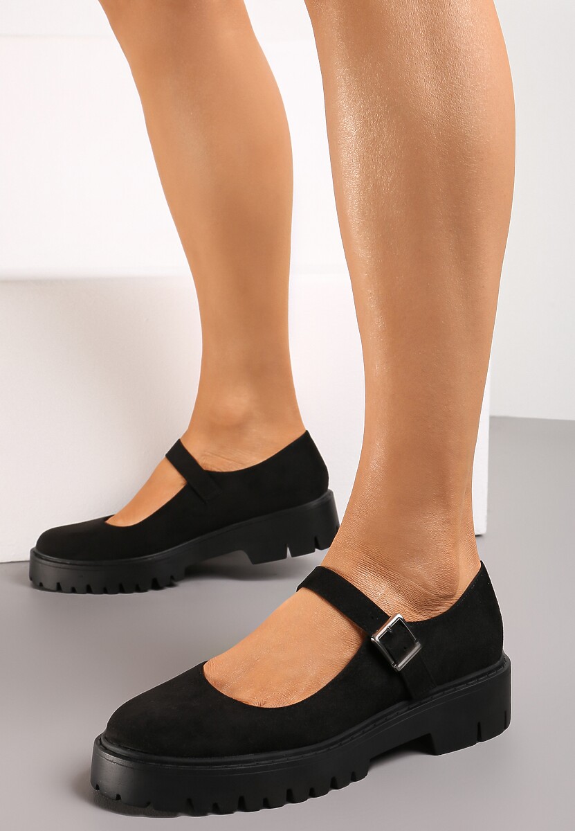 Czarne Półbuty z Imitacji Zamszu z Ozdobnym Paskiem i Sprzączką Gerxana