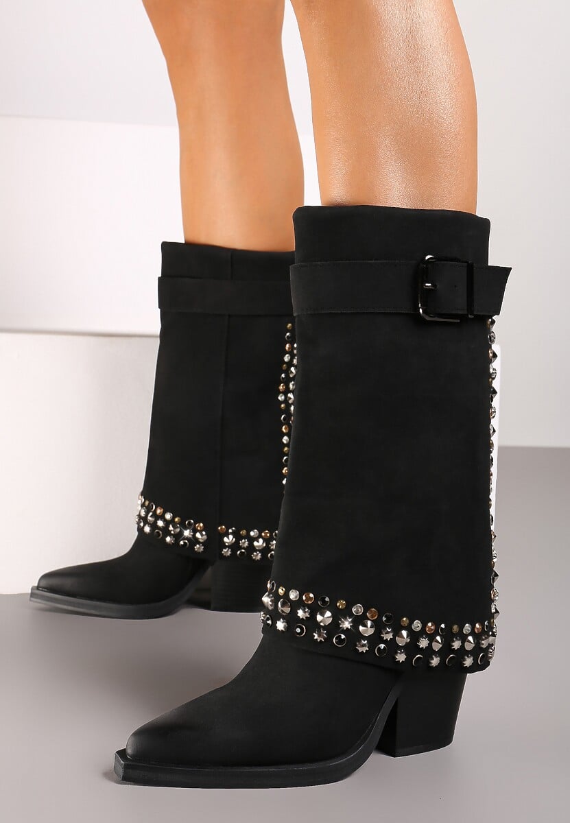 Czarne Botki z Cholewką Imitującą Nogawkę Ozdobione Ćwiekami i Klamrą Verivelle