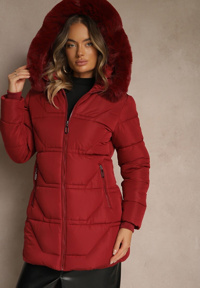 Ciemnobeżowa Kurtka z Pikowanymi Przeszyciami i Kapturem z Futrem Anindrie