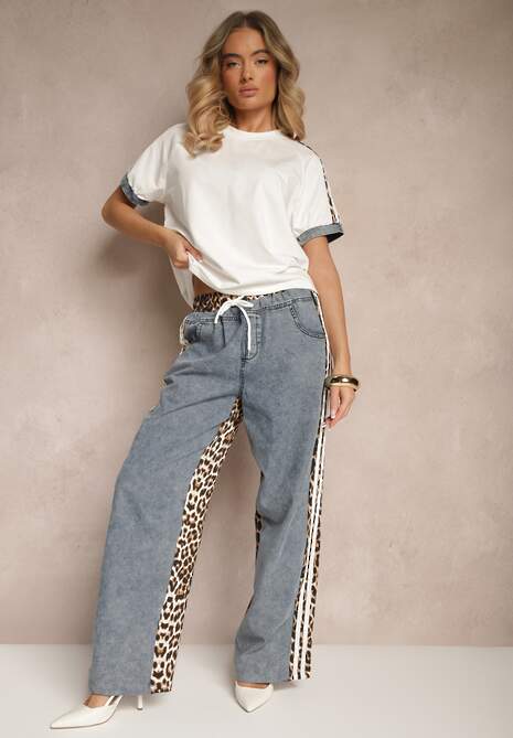 Biały Dresowy Komplet z Bawełny Spodnie i Bluzka z Panterką i Lampasami Eltebira