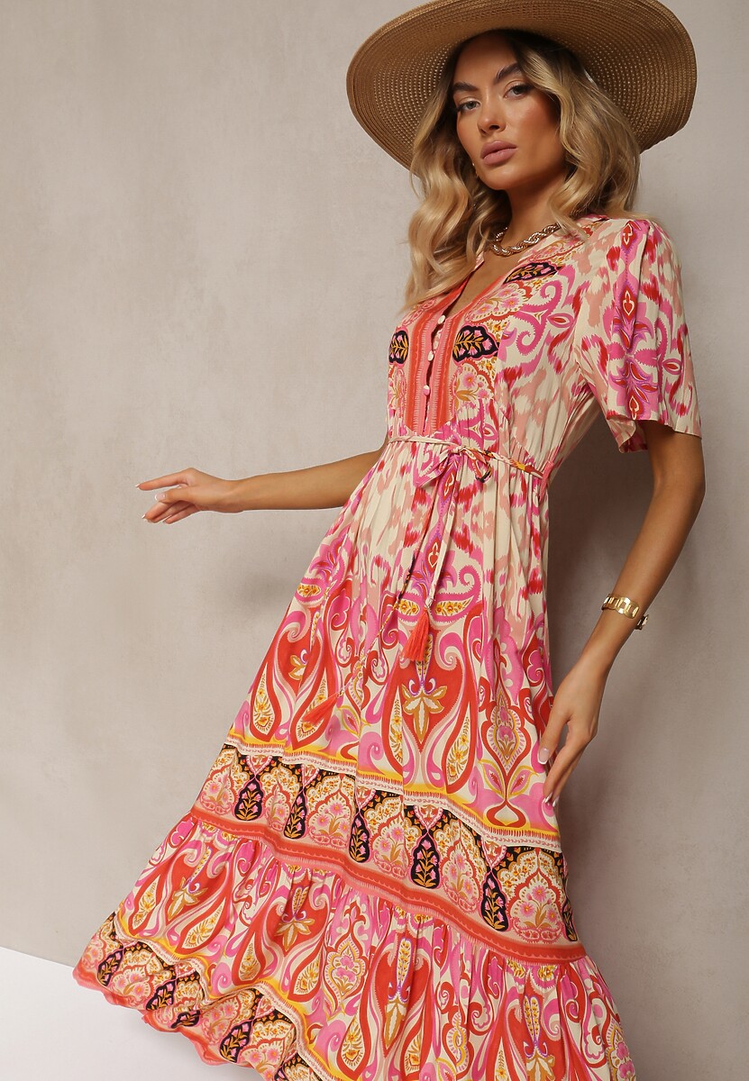 Niebieska Boho Sukienka z Wiskozy z Ozdobnymi Guzikami i Cienkim Paskiem w Talii Dimosia