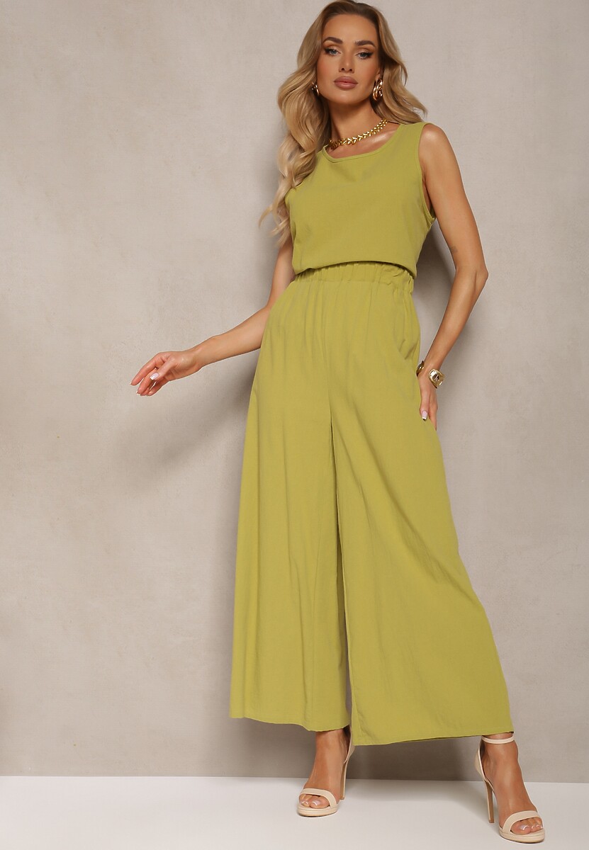 Jasnozielony Komplet z Bawełny Spodnie Culottes i Luźny Top Tinelia