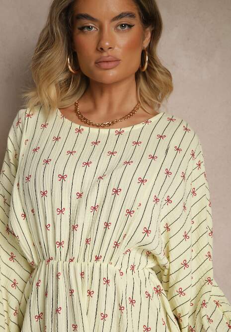 Żółta Sukienka z Bawełny ze Wzorem Kokardek i Pasków Avelriti