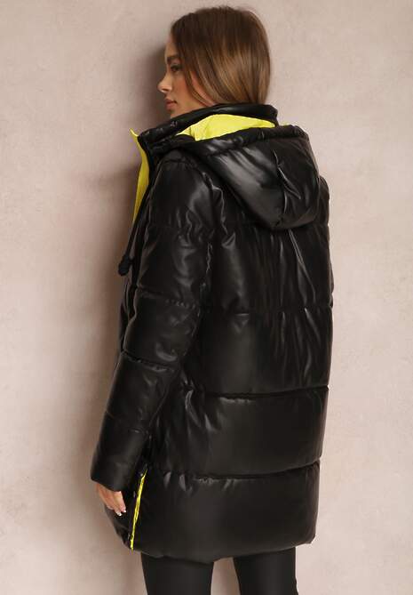 Czarno-Żółta Kurtka Pikowana z Imitacji Skóry Helle