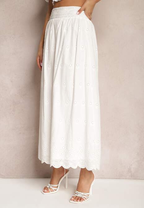 Biała Spódnica z Bawełny o Haftowanym Wykończeniu z Gumką w Talii Wiastera
