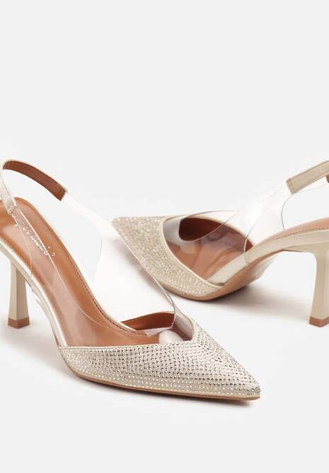 Złote Sandały Slingback na Obcasie z Przezroczystą Wstawką i Cyrkoniami Senoreth