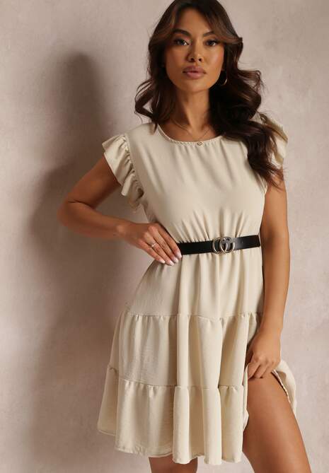 Jasnobeżowa Sukienka Mini z Falbankami Paskiem i Gumką w Talii Lavada