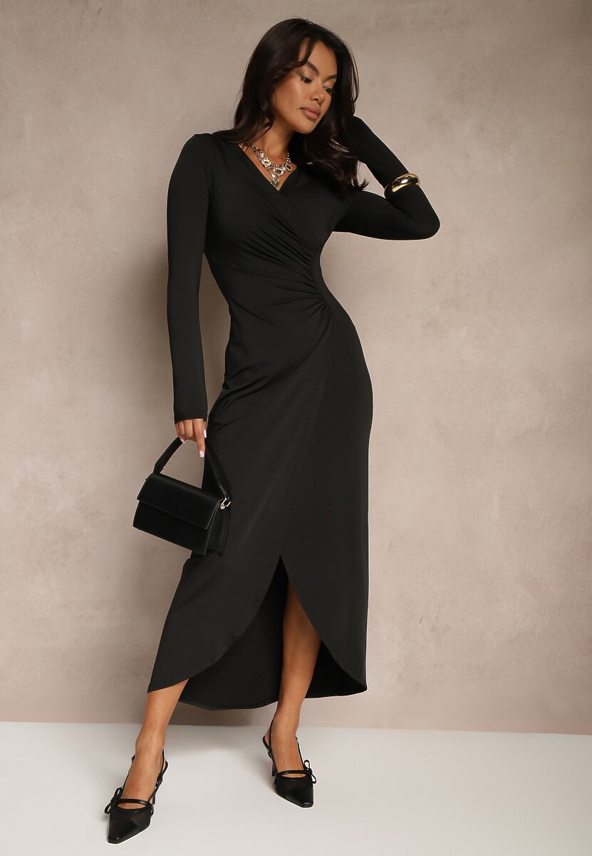 Czarna Kopertowa Sukienka Koktajlowa z Wiskozą Tatillora