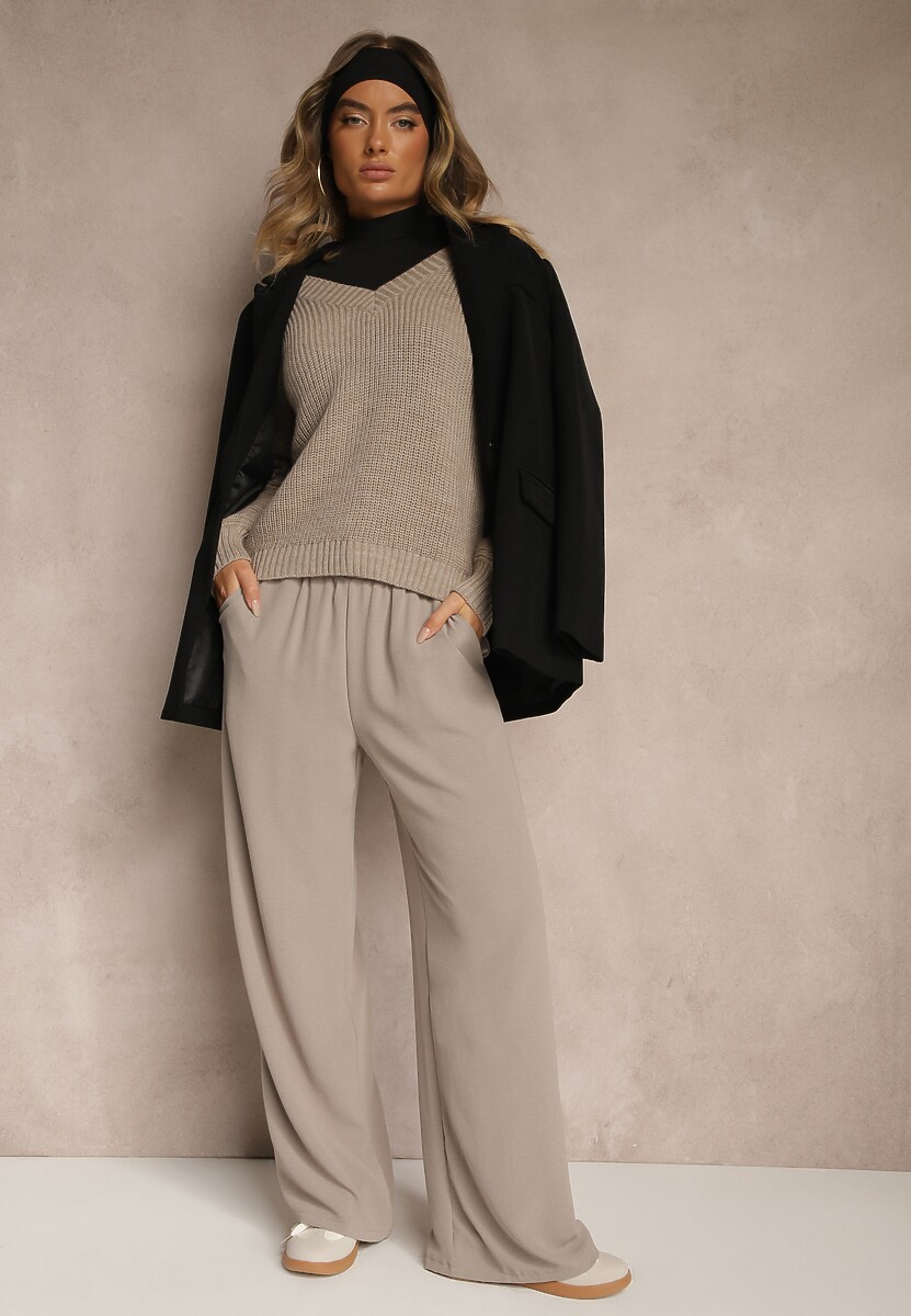 Szare Spodnie Luźne o Szerokich Nogawkach z Łańcuszkiem zamiast Troczka Ostaria