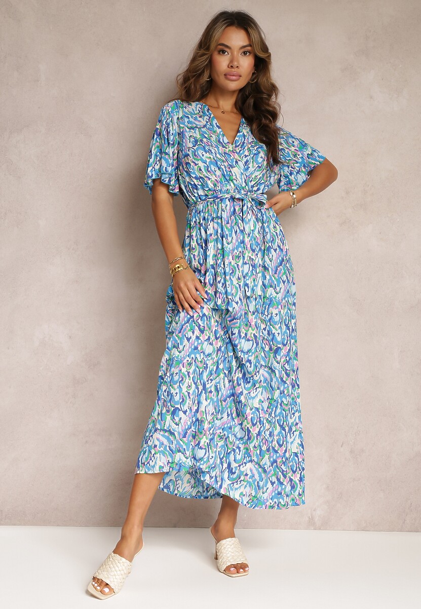 Niebieska Kopertowa Sukienka Maxi z Metalicznym Nadrukiem i Gumką w Talii Manfre