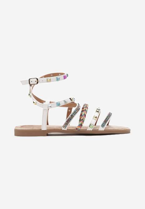 Białe Płaskie Sandały z Cienkimi Paskami z Cyrkoniami i Ćwiekami Mizuki