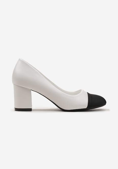 Białe Czółenka na Klasycznym Słupku z Ozdobnym Okrągłym Noskiem Rokseta