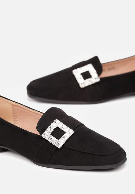 Czarne Mokasyny z Kwadratowym Noskiem i Klamerką w Cyrkonie Maritatia