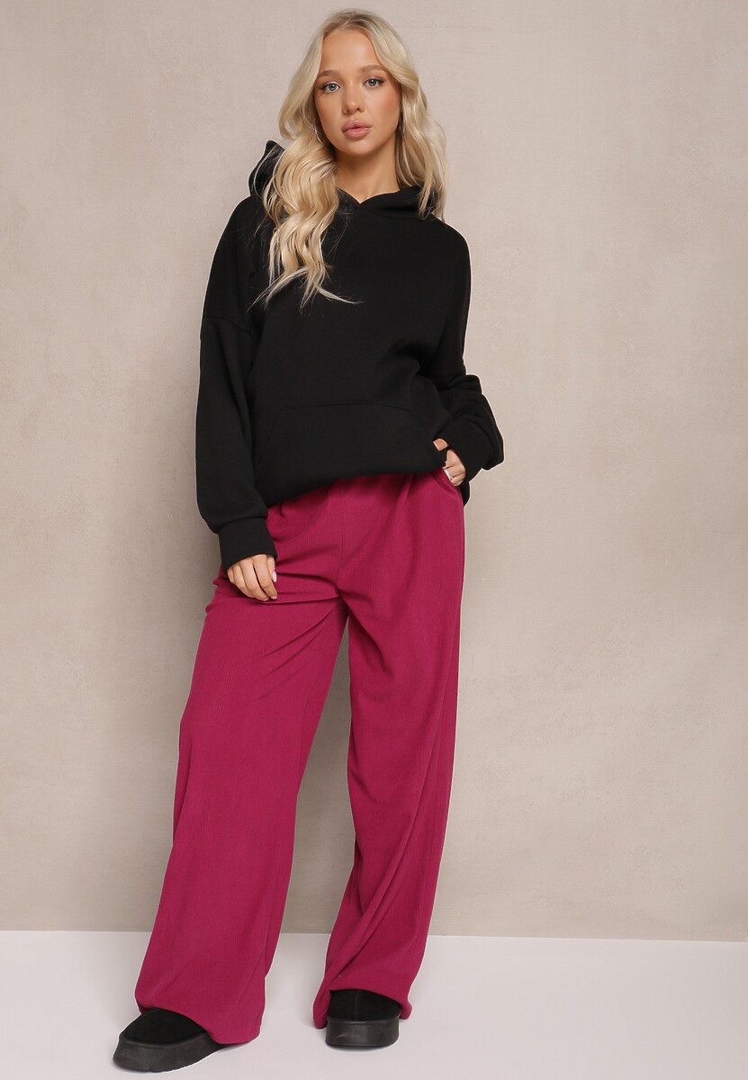 Ciemnoróżowe Szerokie Spodnie o Prążkowanym Kroju z Gumką w Pasie  Jovulla