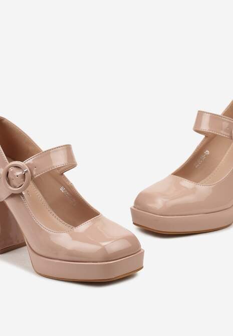 Beżowe Lakierowane Czółenka na Obcasie i Platformie z Ozdobną Sprzączką Adlikra